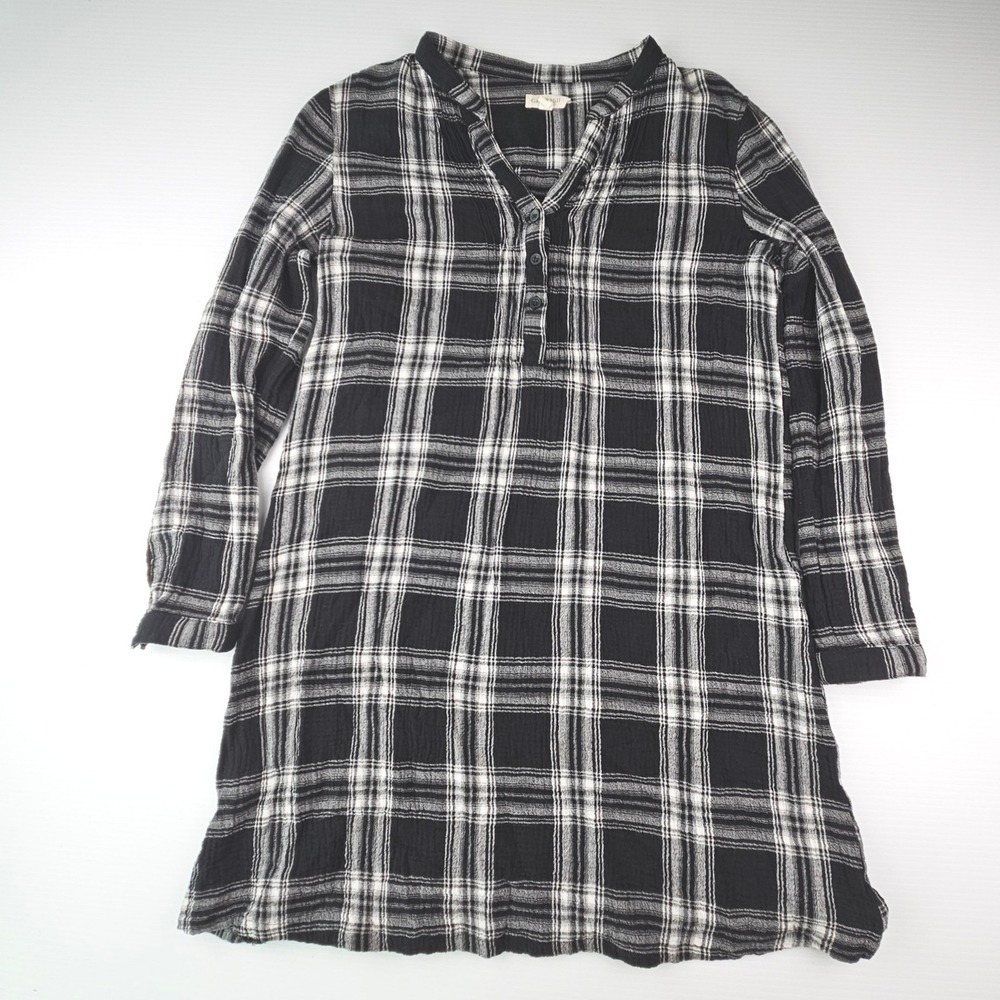 Garnet Hill Organic Cotton Plaid Henley Tunic Dress Black White 04 45182